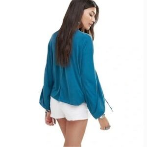 Free People Salt N Peppa Ruched Drawstring Sleeve Modal Mock Wrap Top Jade Med.